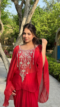 Gold Embellished Organza Kaftan Set with Crepe Bottom