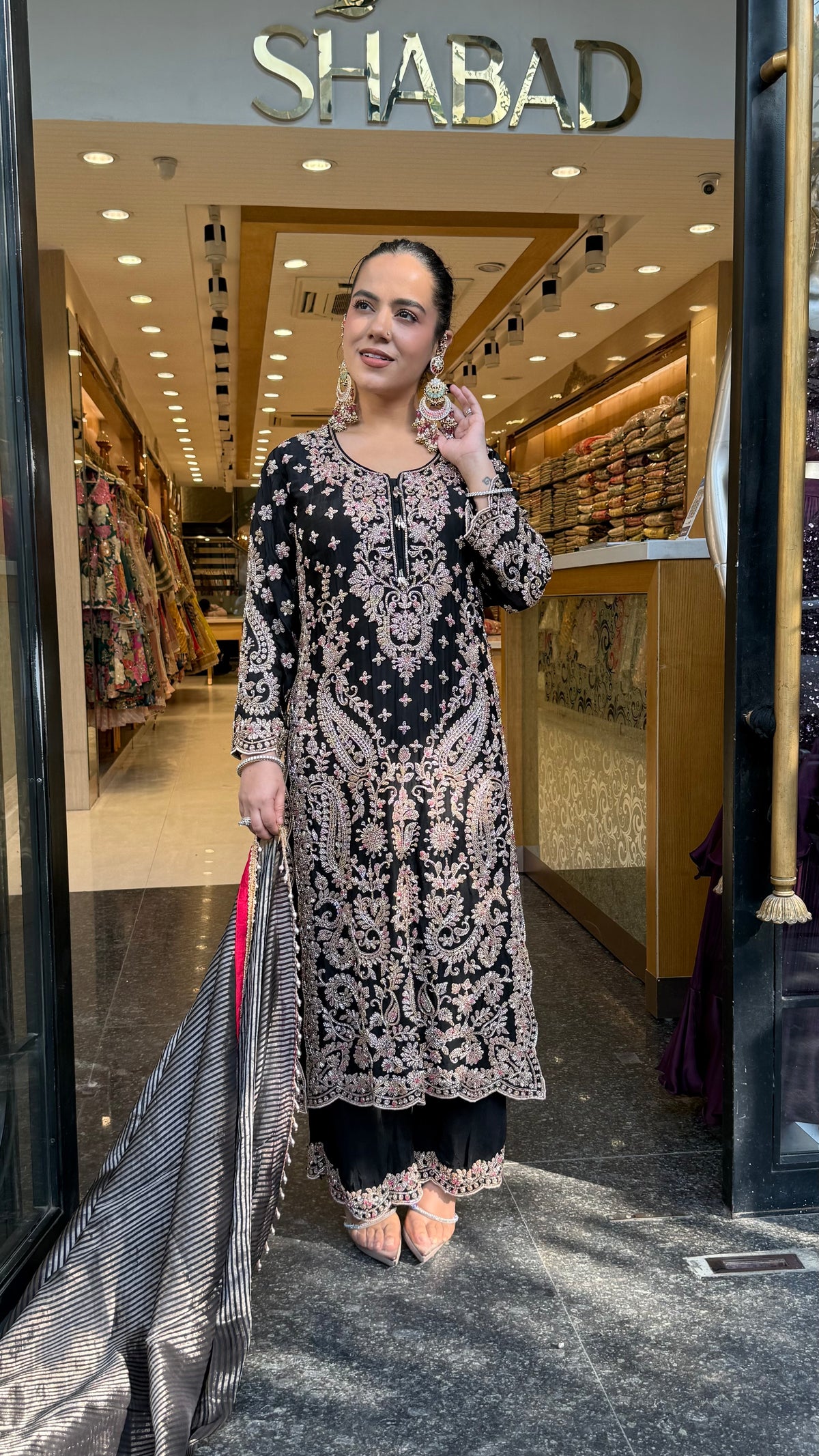 Elegant Satin Silk Suit Set with Beads & Multicolour Stone Work