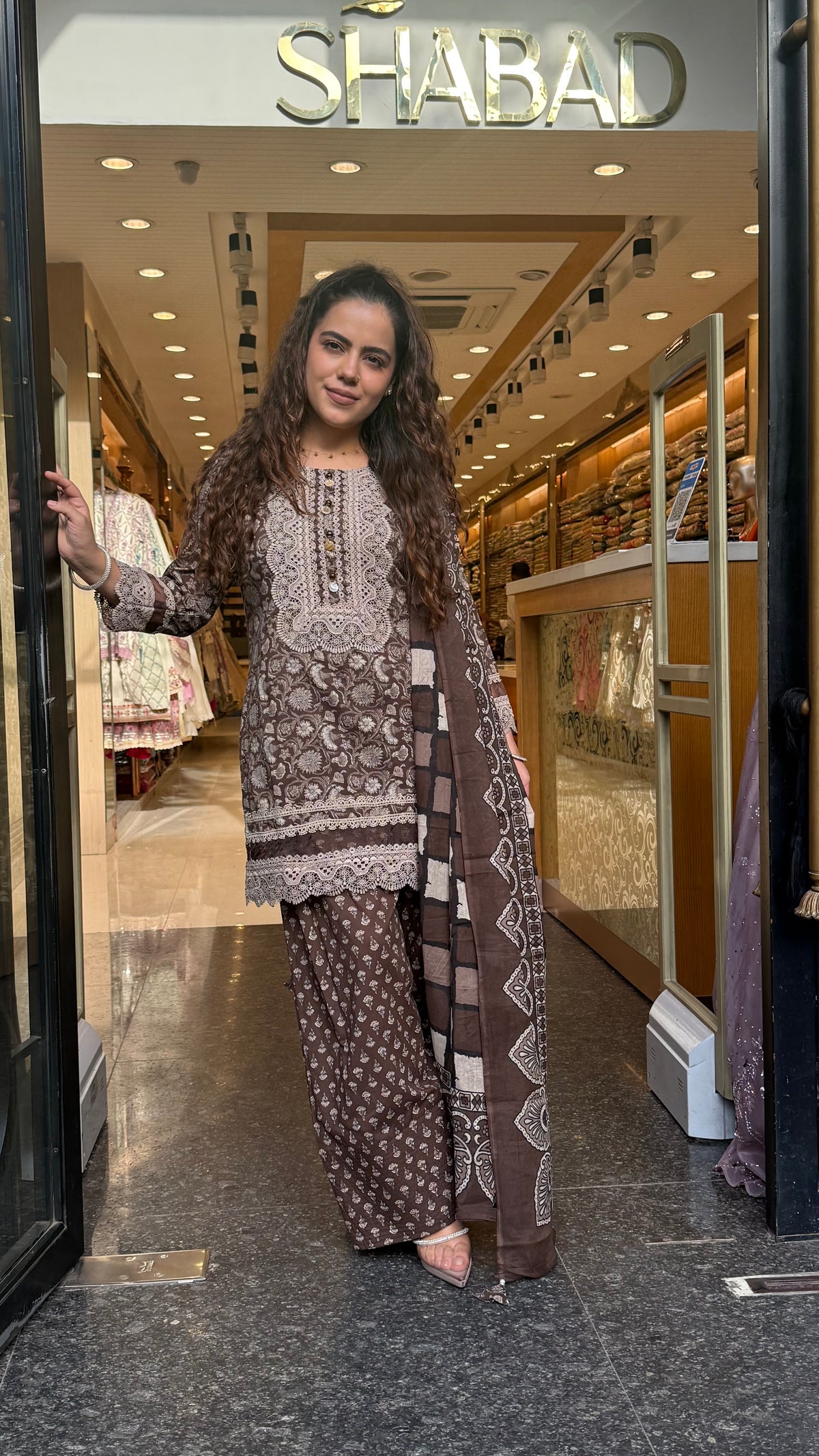 Ajrakh Print Farshi Suit Set with Thread Embroidery Neckline Mirror & Shells Detailing | Up to Size 46 (Copy)