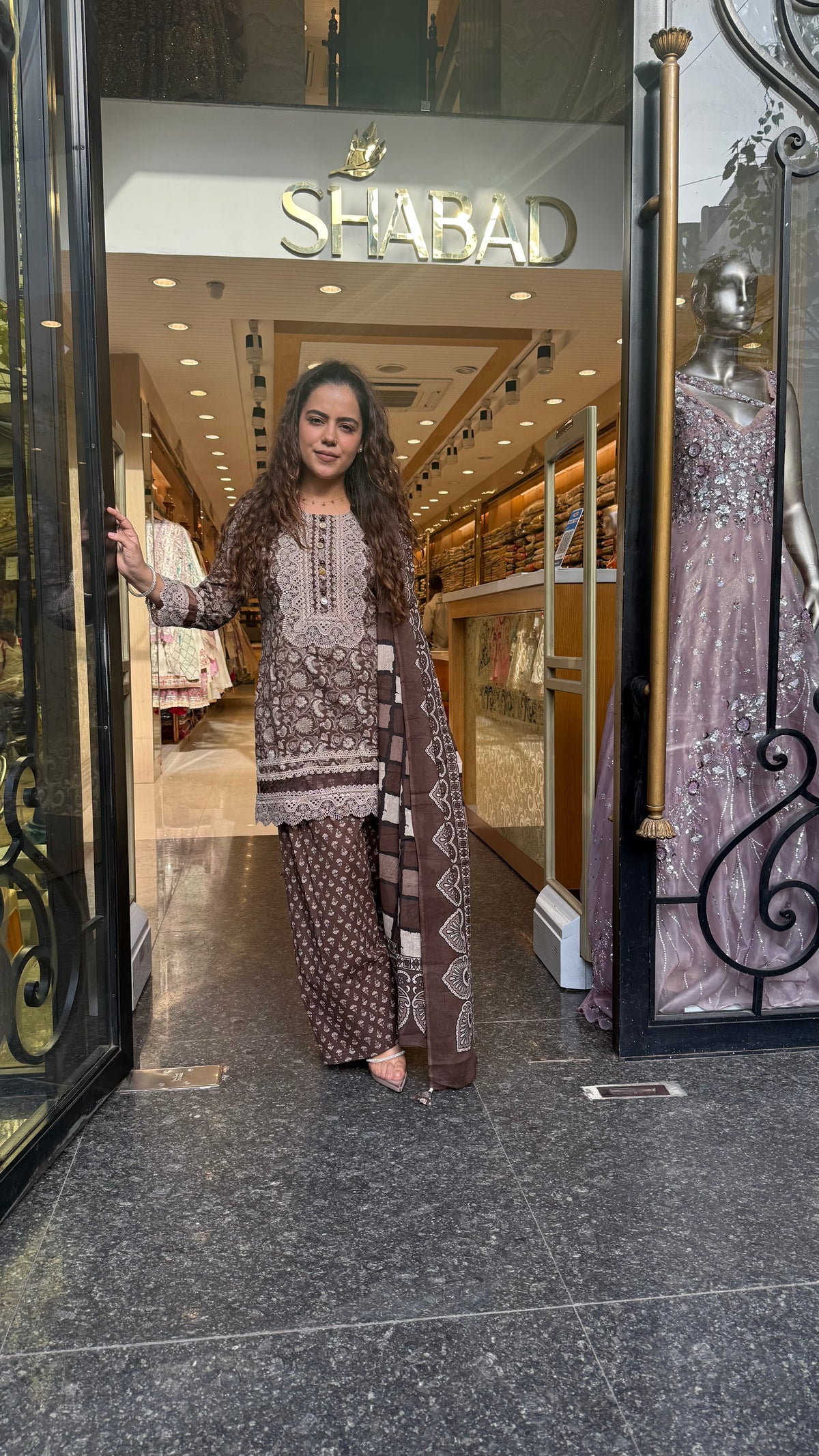 Ajrakh Print Farshi Suit Set with Thread Embroidery Neckline Mirror & Shells Detailing | Up to Size 46 (Copy)