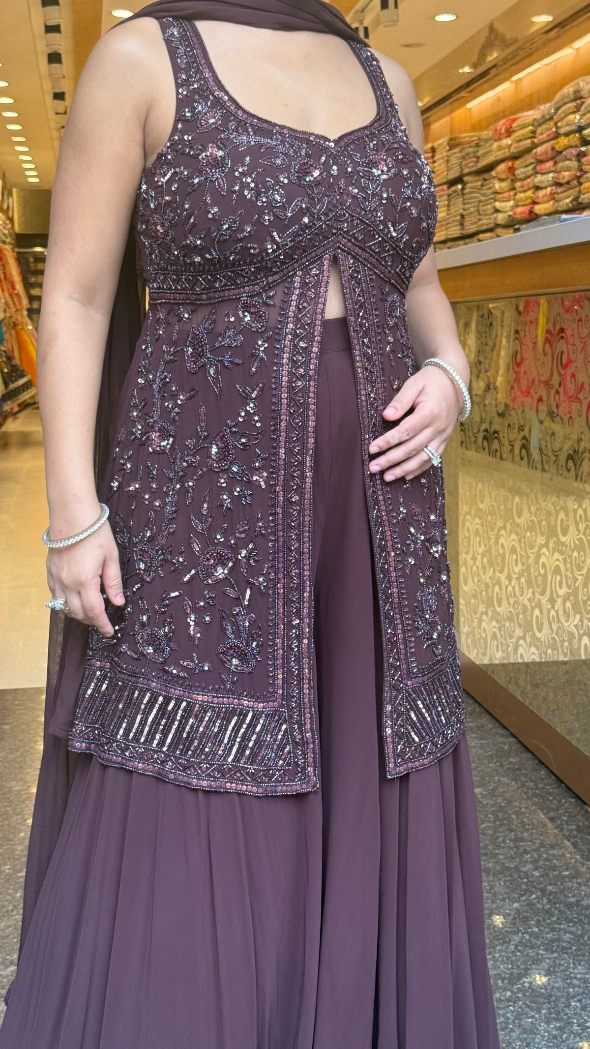 Elegant Georgette Suit Set with Handwork Shirt & Cutdana Sequin Detailing (sleeves available)