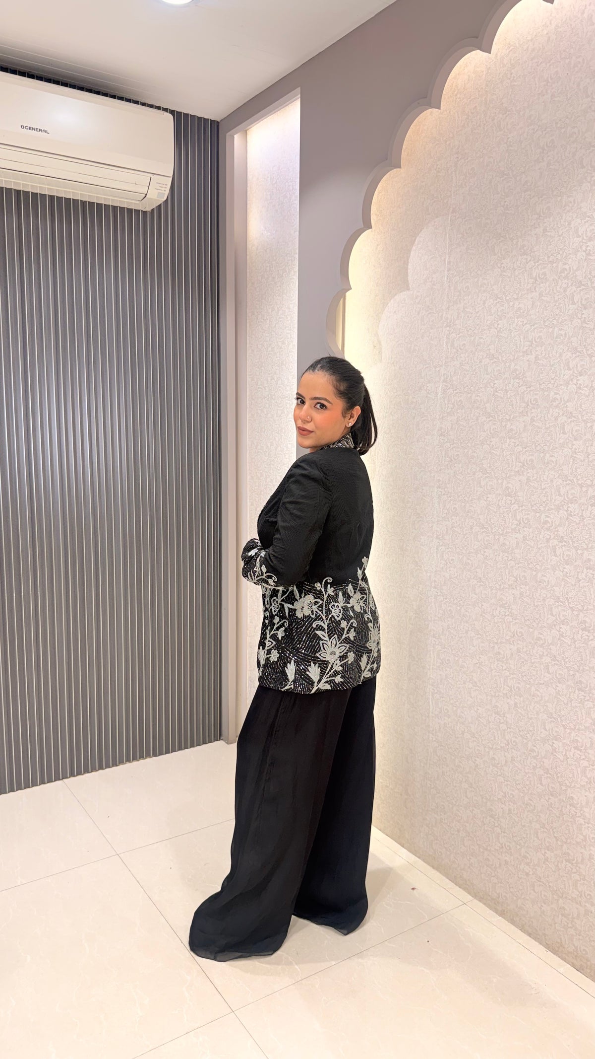 Black Sequin Handwork Silk Blouse with Jacket