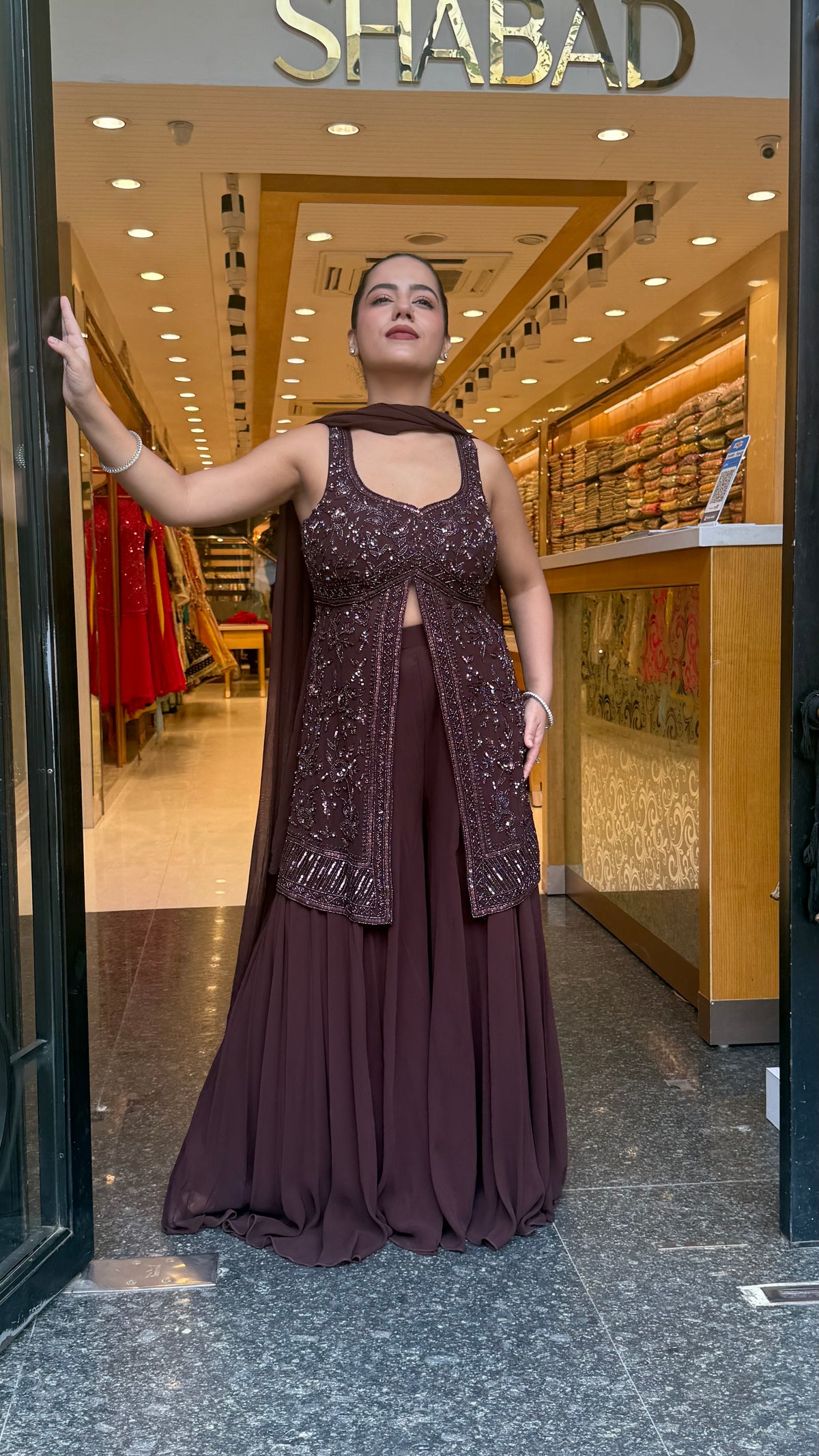 Elegant Georgette Suit Set with Handwork Shirt & Cutdana Sequin Detailing (sleeves available)