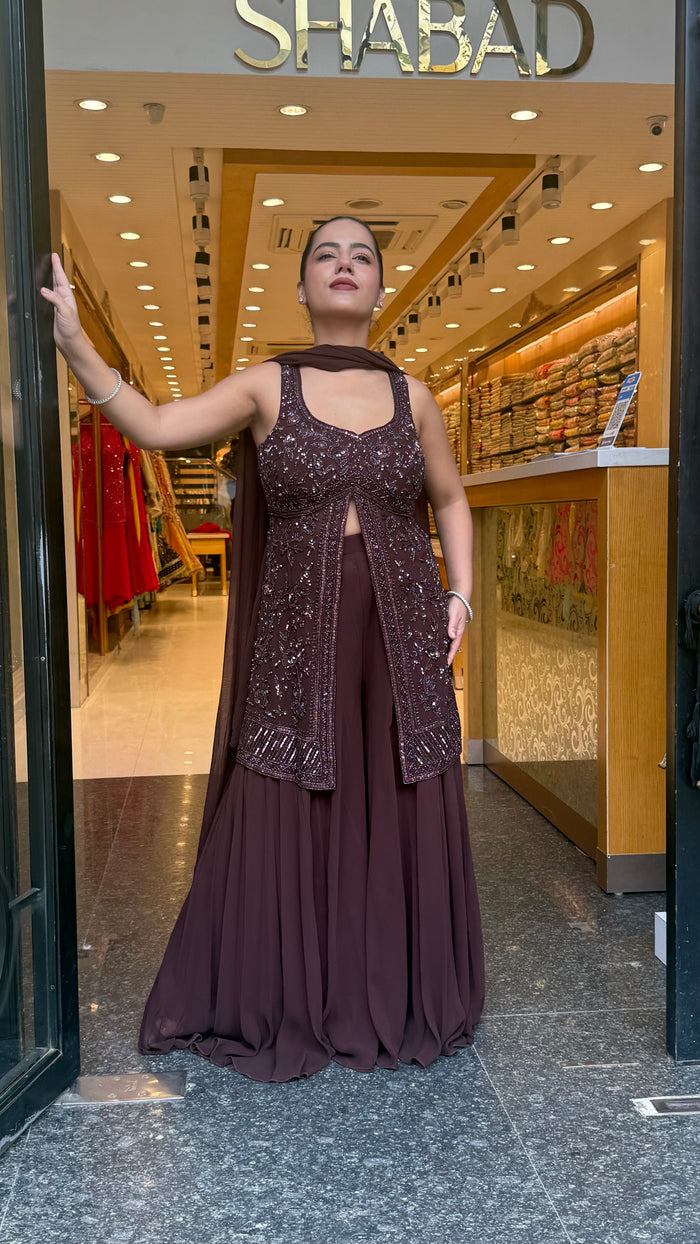 Elegant Georgette Suit Set with Handwork Shirt & Cutdana Sequin Detailing (sleeves available)