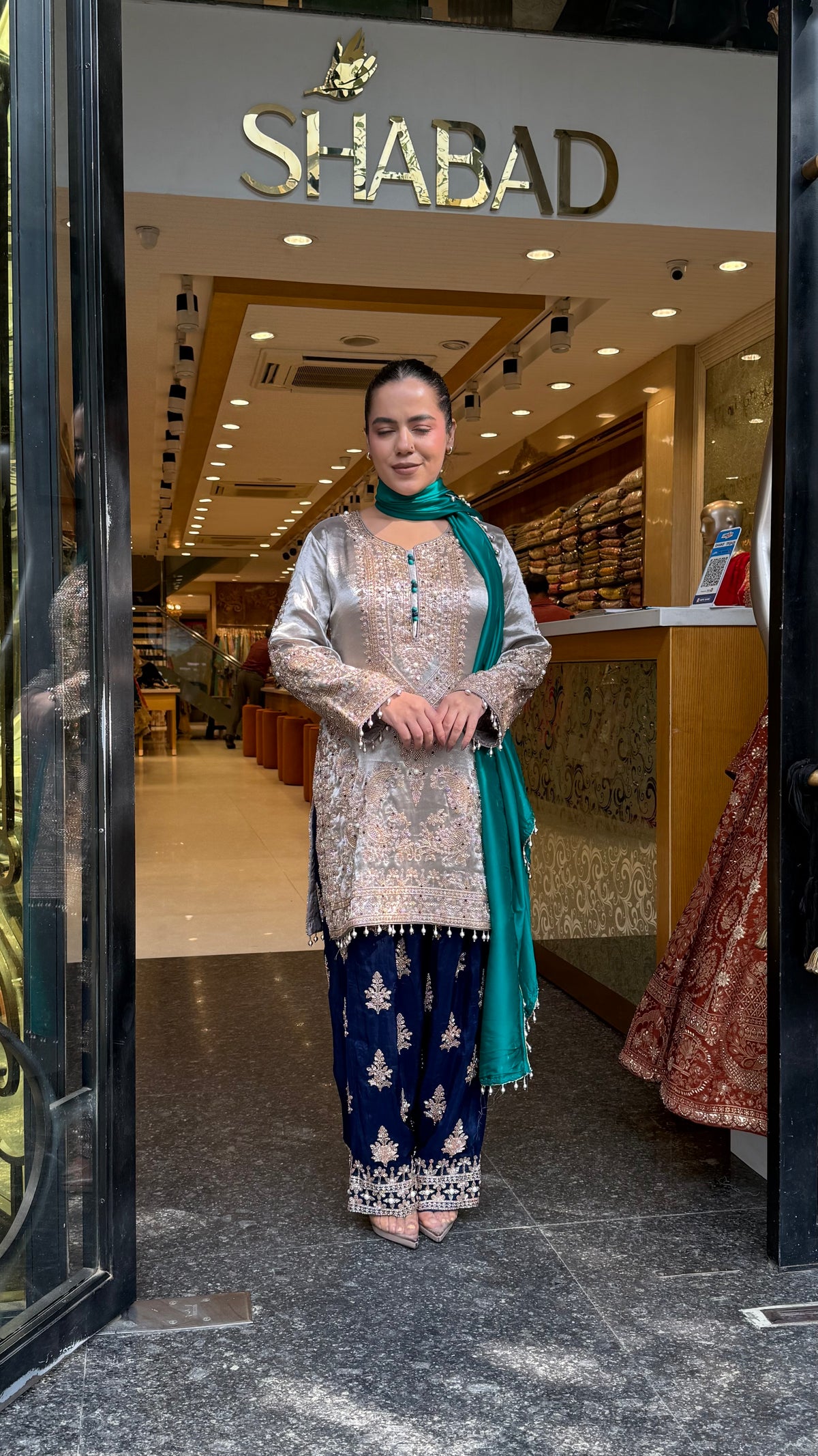 Shimmer Silk Beaded Suit Set with Chinon Salwar Style Pant