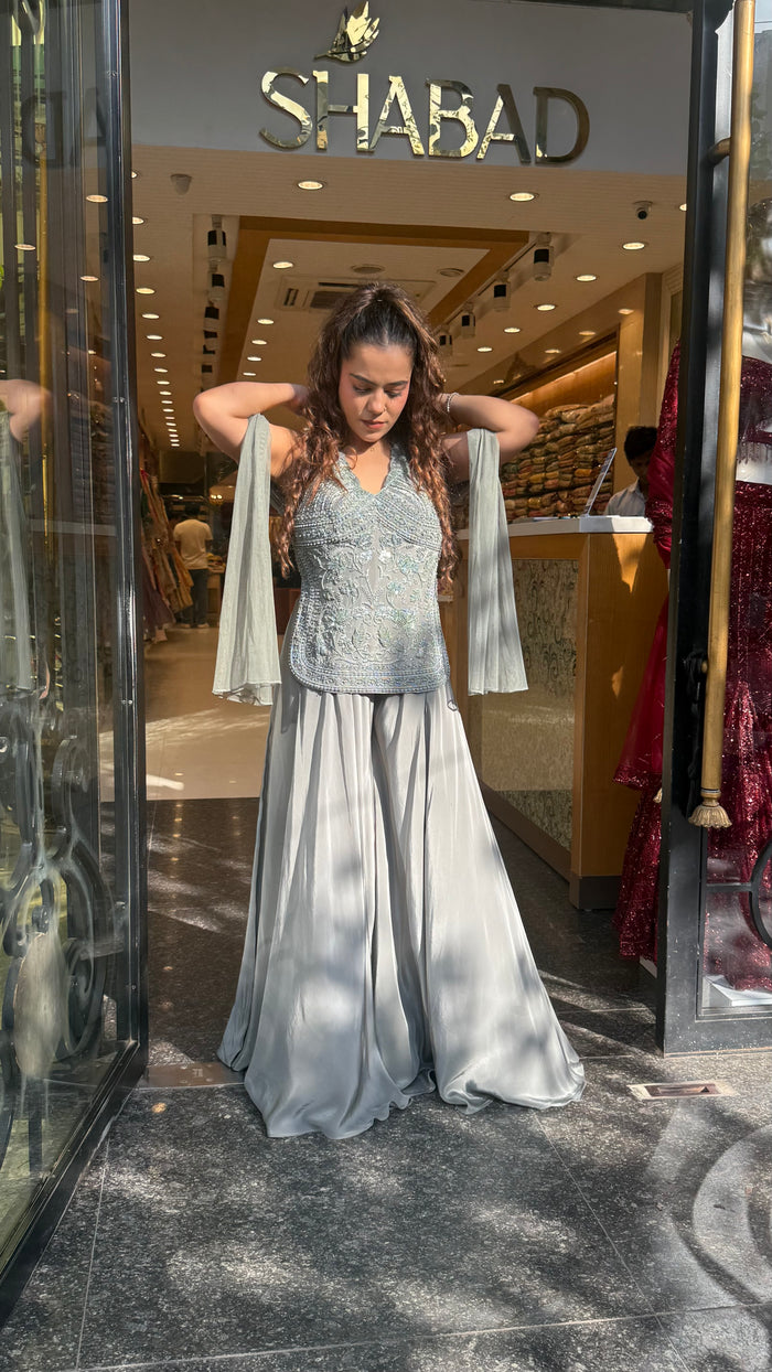 Handwork Indo-Western Set with Pure Crepe Bottom & Dupatta