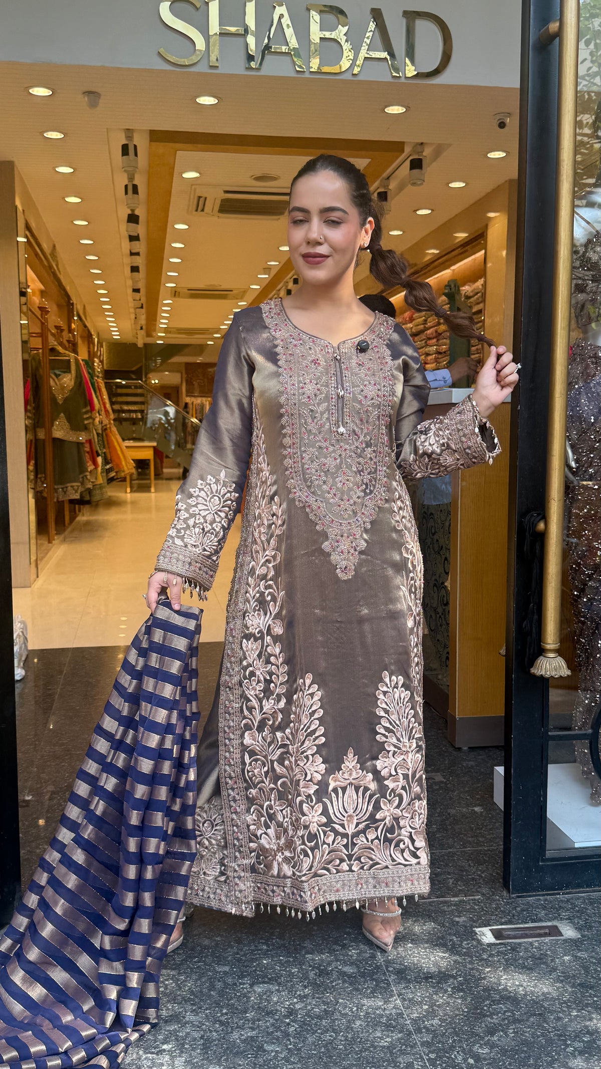 Designer Shimmer Tissue Suit Set with Thread Embroidery Beads & Multicolour Stone Work ( 46 size sides will be plain customisation available if handwork needed )