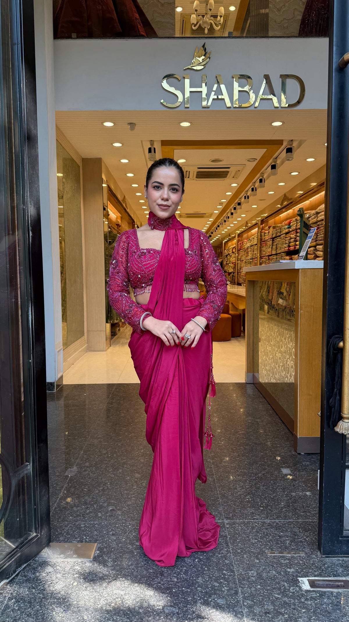 Elegant Crepe Drape Saree with Handwork Blouse – Designer Drape Collection