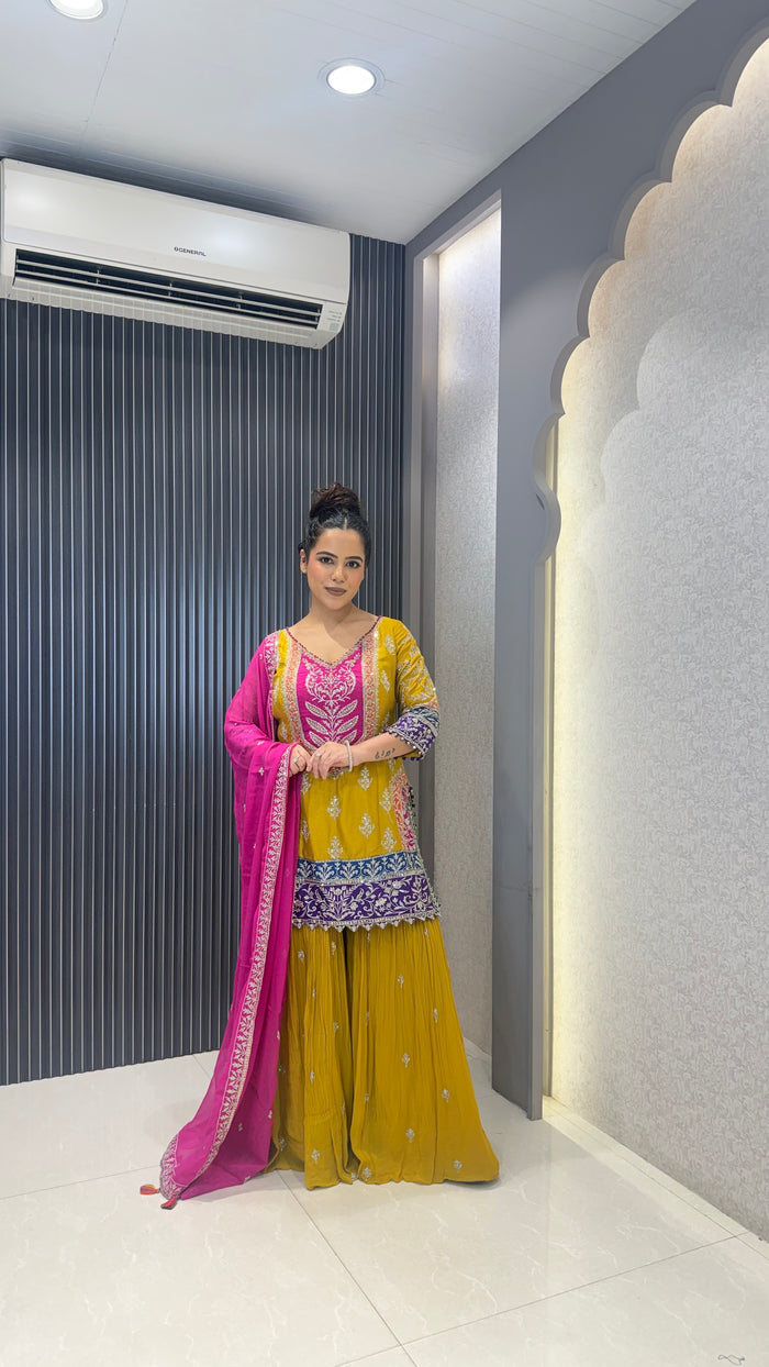 Chinon Garara Suit Set with Sequin & Neem Zari Handwork