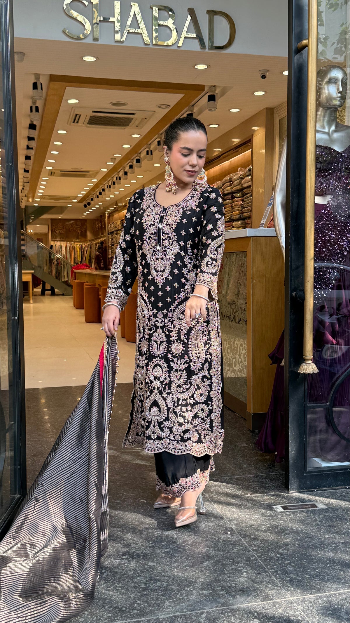 Elegant Satin Silk Suit Set with Beads & Multicolour Stone Work