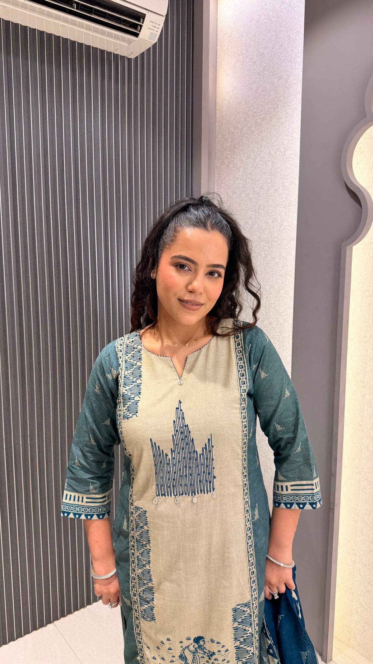 Warli Print Cotton Suit with Thread Embroidery
