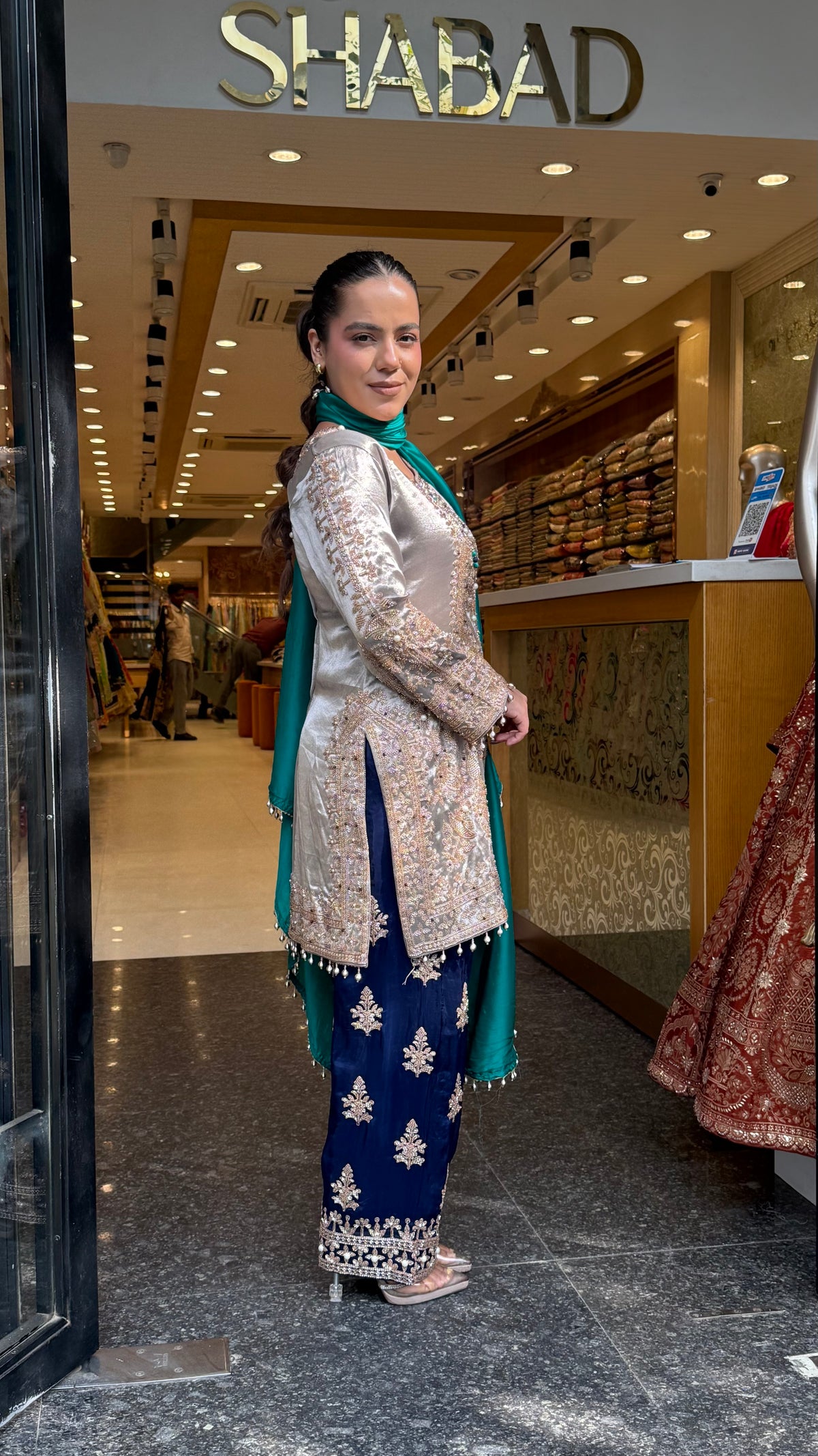 Shimmer Silk Beaded Suit Set with Chinon Salwar Style Pant