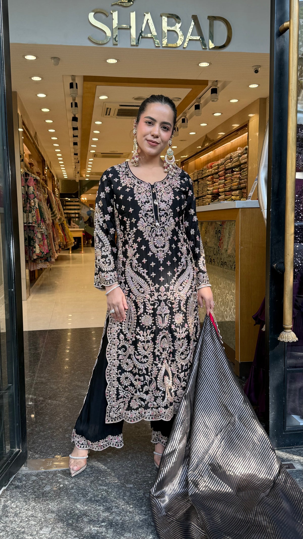 Elegant Satin Silk Suit Set with Beads & Multicolour Stone Work