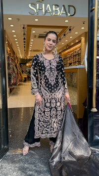 Elegant Satin Silk Suit Set with Beads & Multicolour Stone Work
