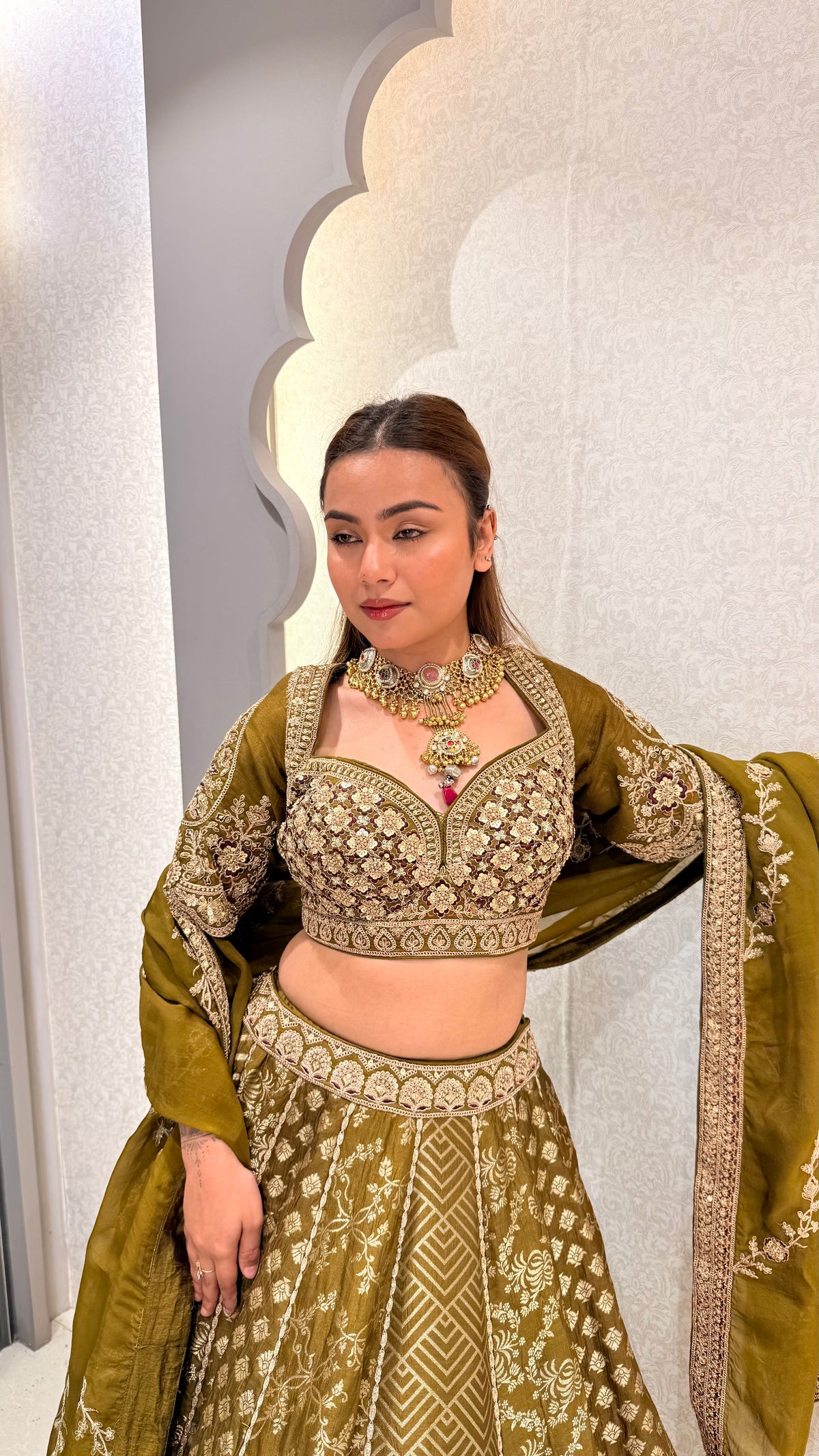 Handwork Embroidered Blouse with Banarasi Weaving Lehenga Set