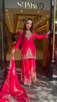 Designer Chinon Suit Set with Dori, Sequin, Pearl & Mirror Work