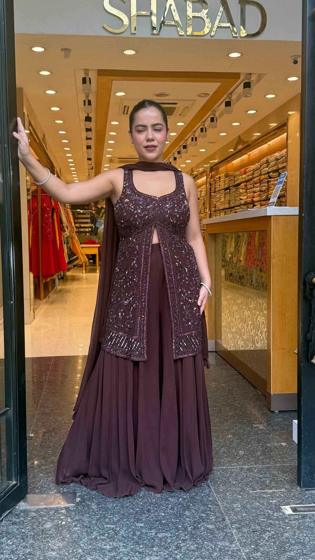 Elegant Georgette Suit Set with Handwork Shirt & Cutdana Sequin Detailing (sleeves available)