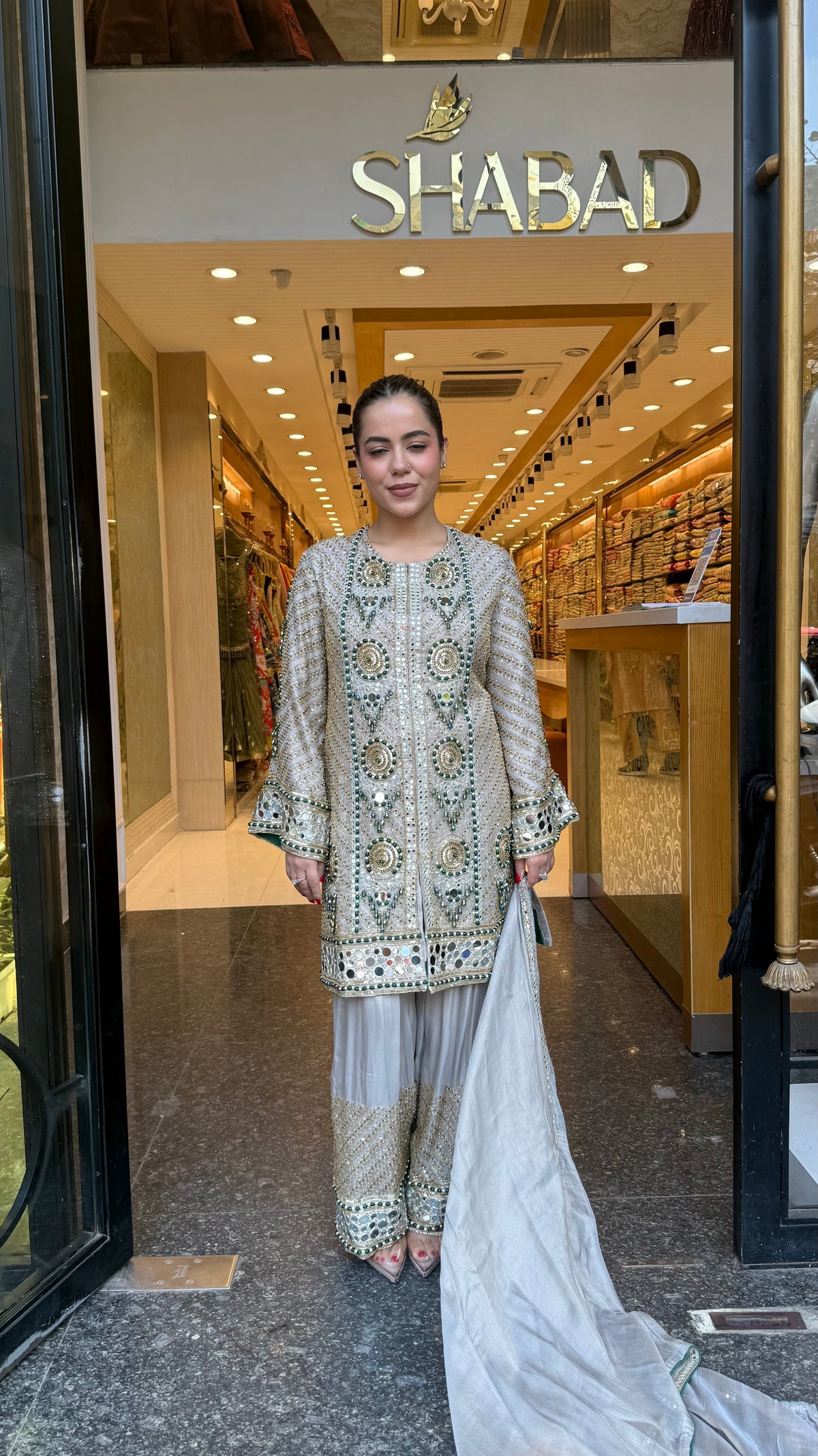 Luxury Shimmer Tissue Suit Set with Beads Jewellery & Mirror Work