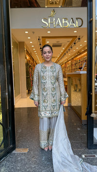 Luxury Shimmer Tissue Suit Set with Beads Jewellery & Mirror Work