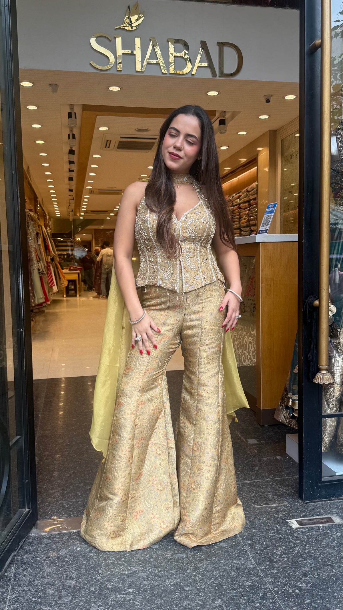 Banarasi Shimmer Indo-Western Set with Mirror, Dabka & Pearl Work | Designer Blouse & Bell Bottoms