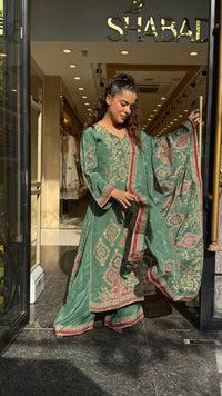 Crepe Digital Print Suit Set with Zari Outline Work for Women