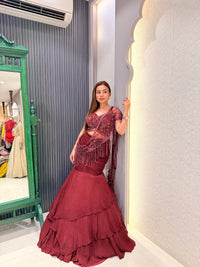 Designer Fish cut Drape Saree with Handwork Blouse & Embellished Palla