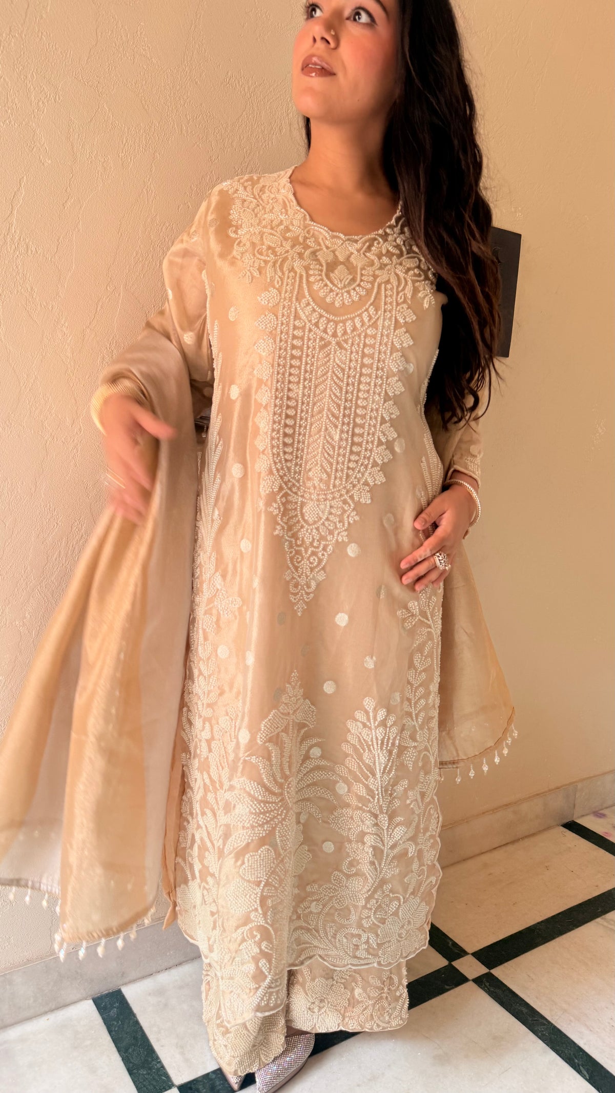 Shimmer Tissue Suit Set with Beads Handwork