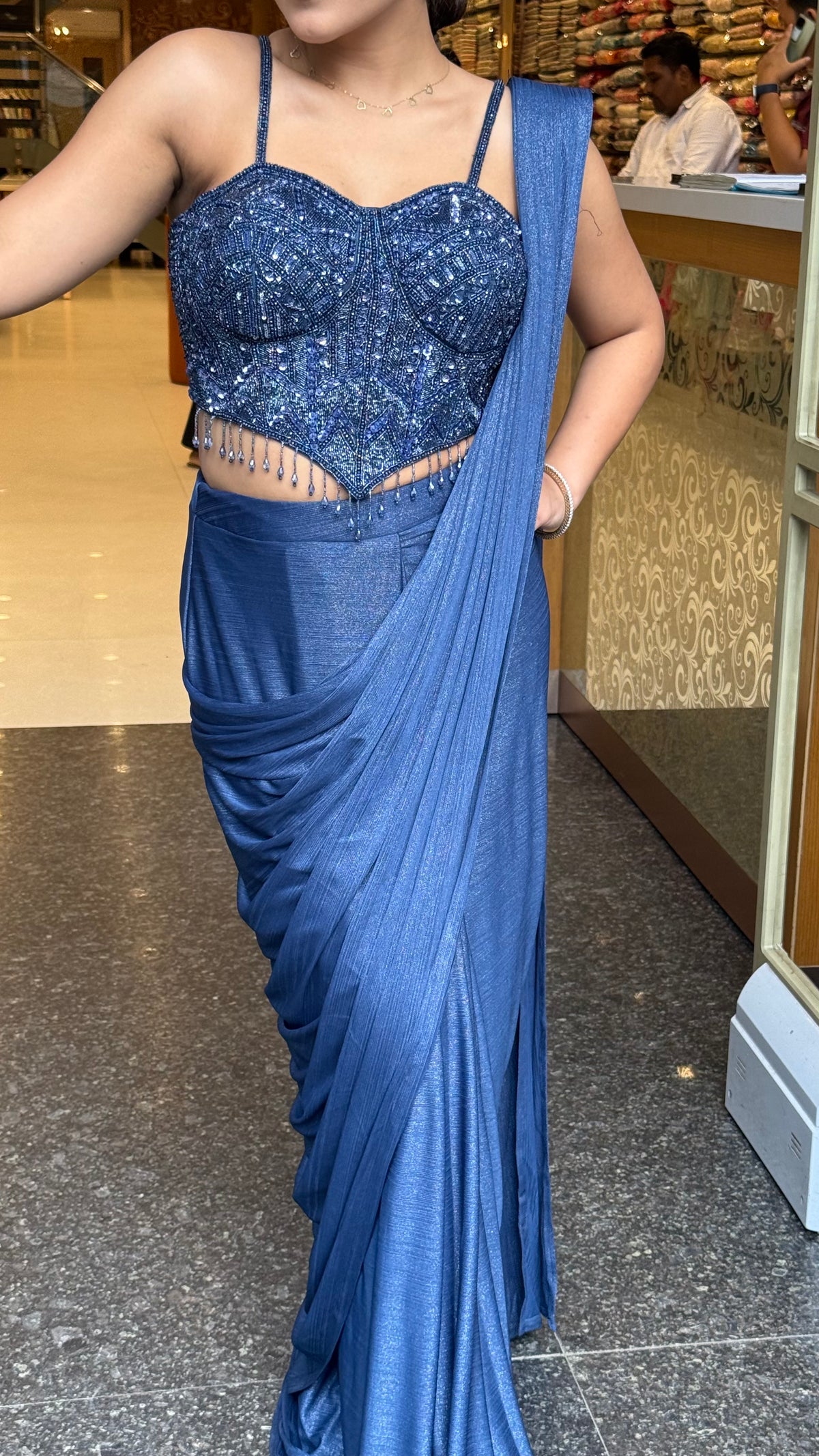 Shimmer Lycra Drape Saree with Handwork Corset Blouse