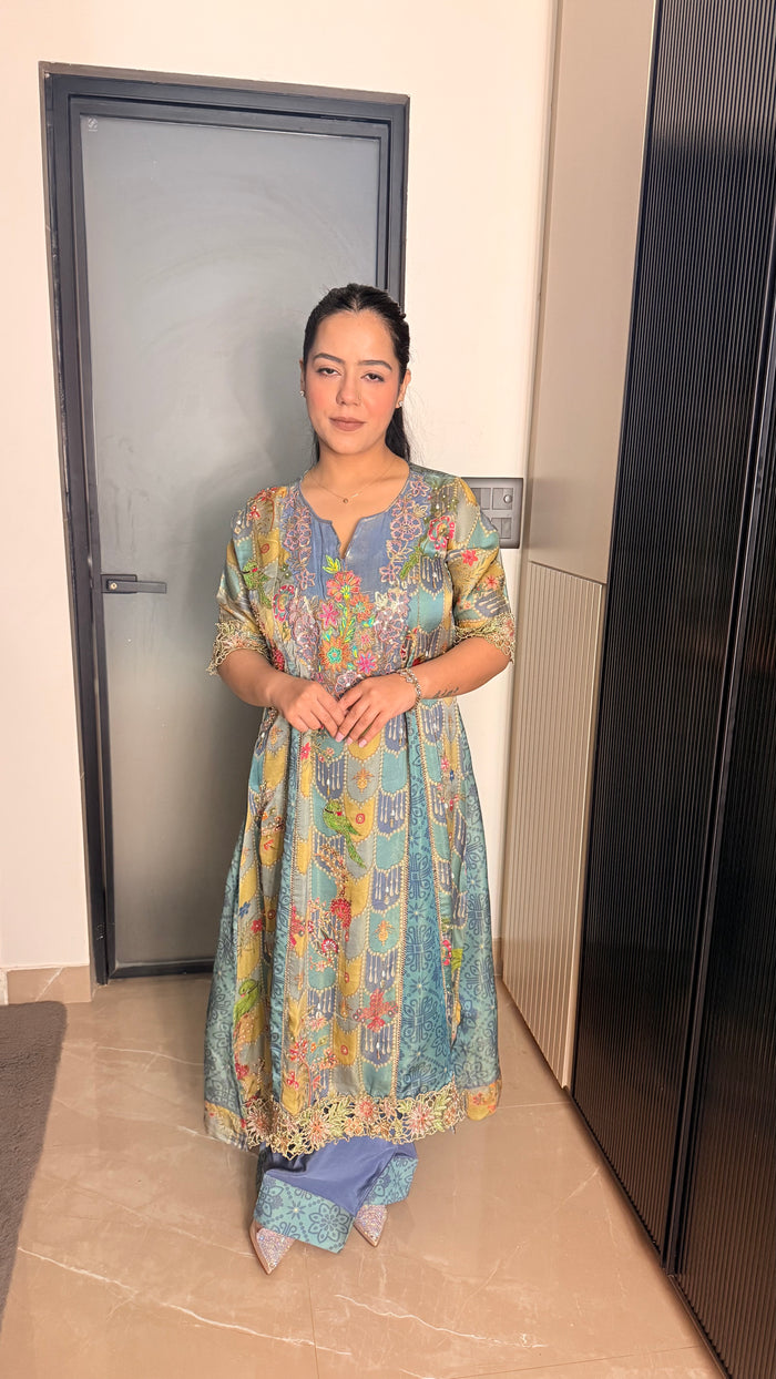 Printed Shimmer Silk Suit with Handwork Neckline