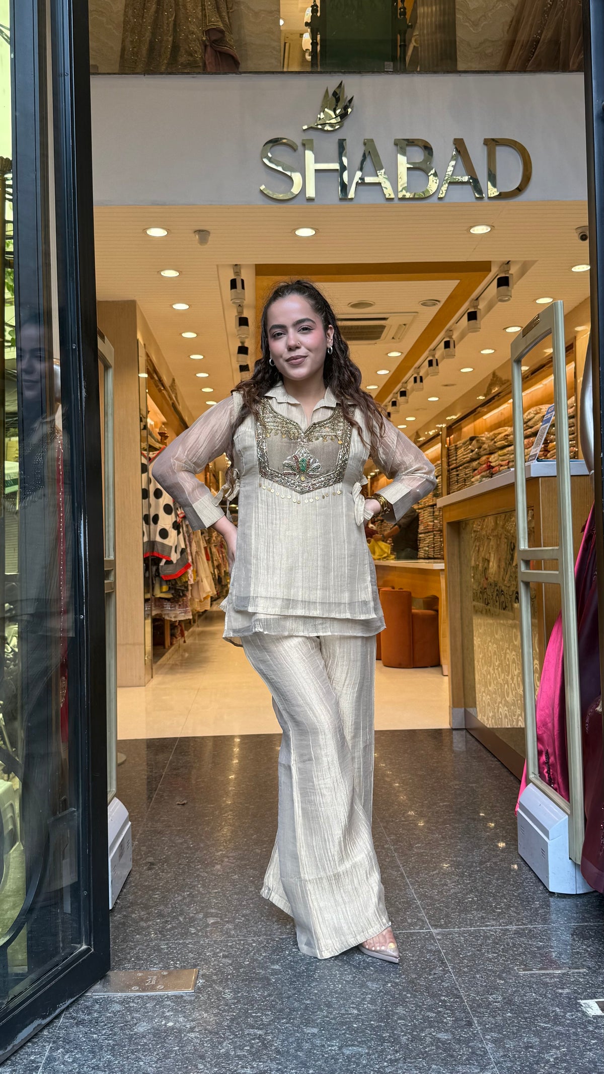 Crush Shimmer Tissue Metal Dabka & Beads Work Co-ord Set | Partywear Collection
