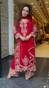 Designer Chinon Suit Set with Beads Work | Sizes Up to 42