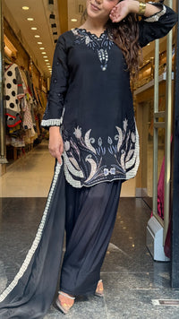 Leather Appliqué Cutwork Muslin Suit with Farshi Salwar | Budget-Friendly Suit Set