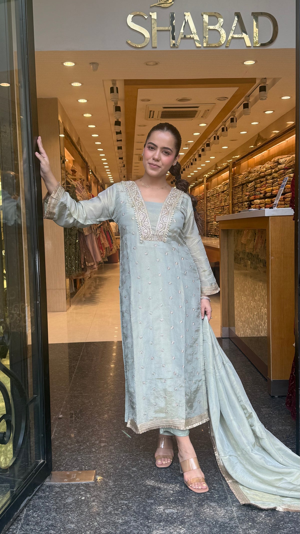 Budget-Friendly Shimmer Tissue Handwork Suit Set | Handworked Cutdana Neckline & Booti | Up to 44