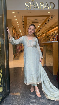 Budget-Friendly Shimmer Tissue Handwork Suit Set | Handworked Cutdana Neckline & Booti | Up to 44