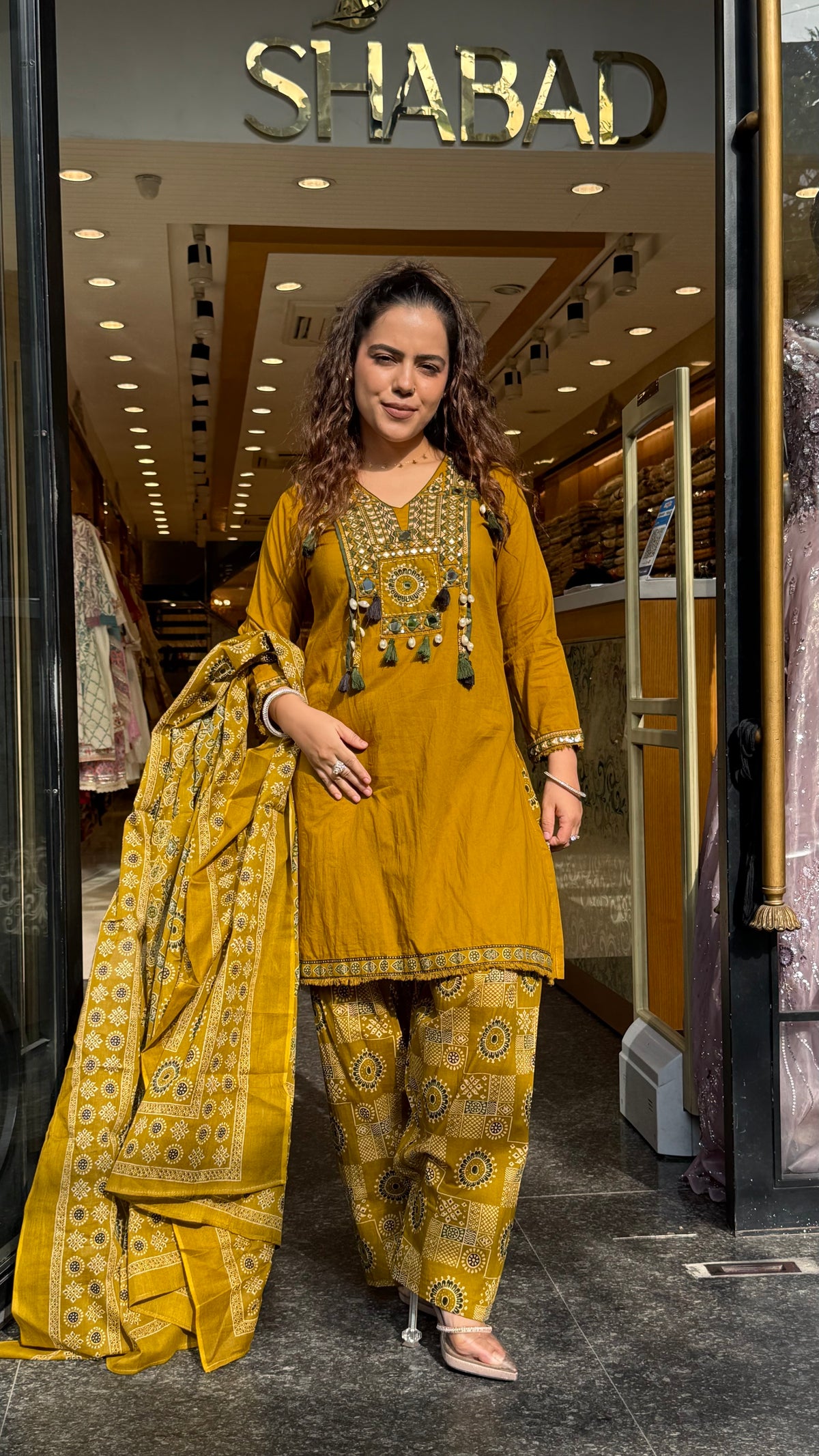 Ajrakh Print Farshi Suit Set with Thread Embroidery Neckline Mirror & Shells Detailing | Up to Size 46