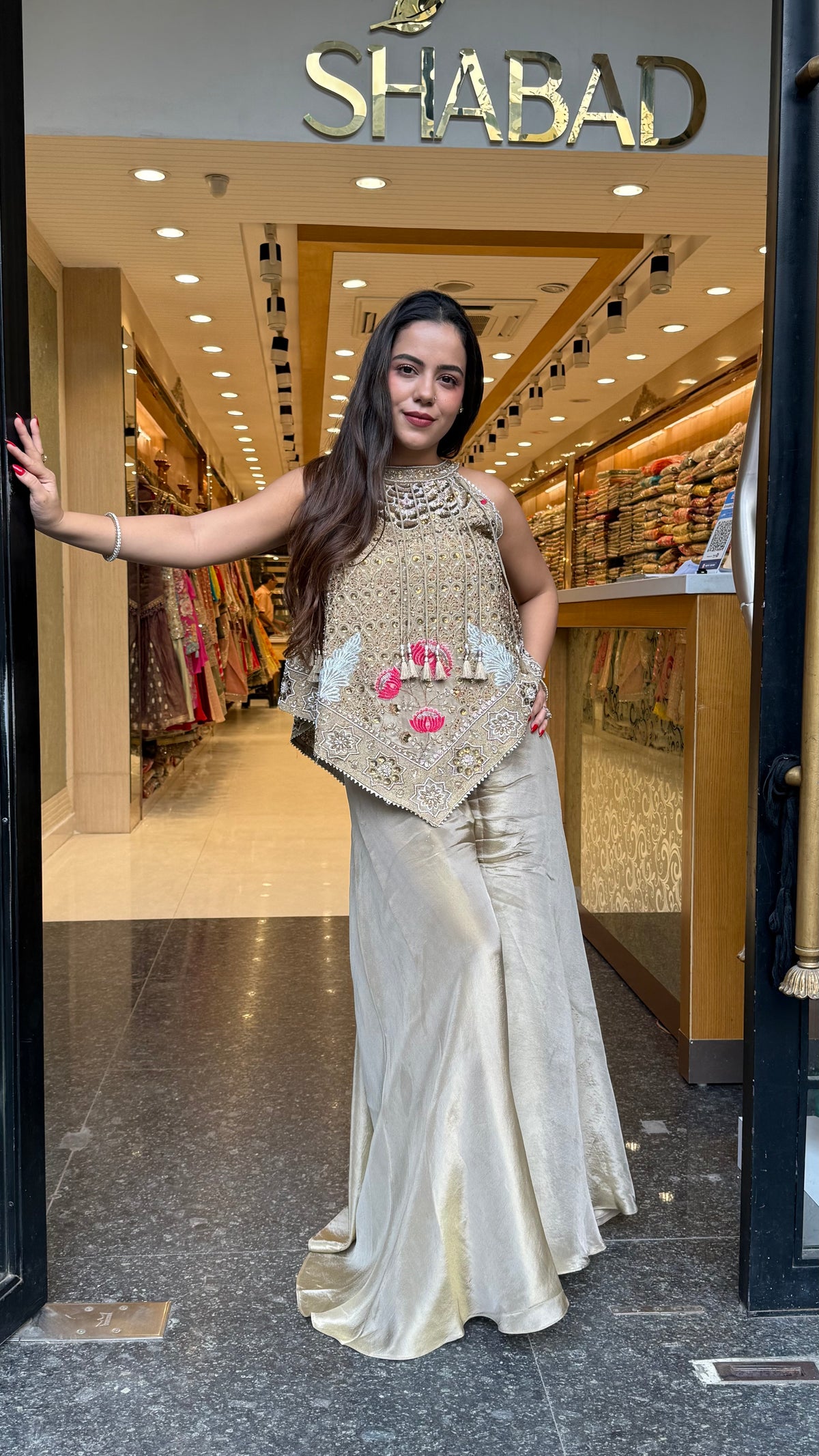 Pure Shimmer Silk Indo-Western with Handwork Thread, Zari, Cutdana & Pearl Embroidery