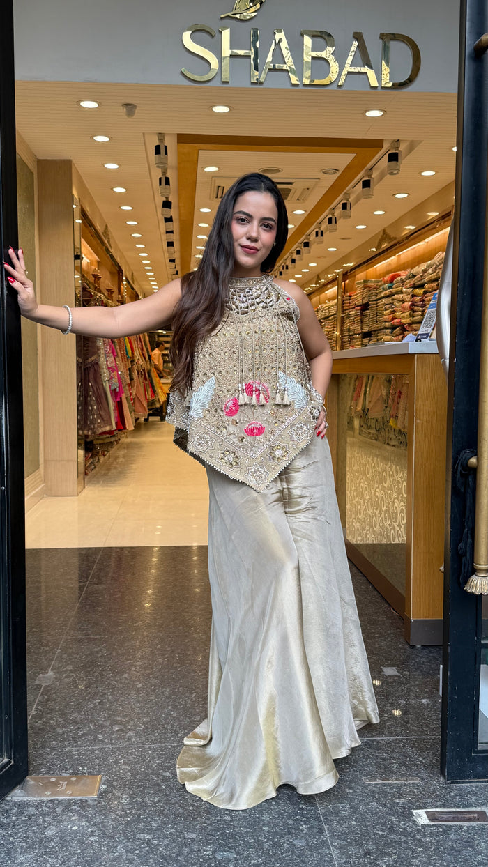 Pure Shimmer Silk Indo-Western with Handwork Thread, Zari, Cutdana & Pearl Embroidery