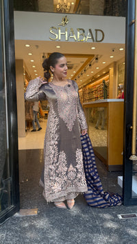Designer Shimmer Tissue Suit Set with Thread Embroidery Beads & Multicolour Stone Work ( 46 size sides will be plain customisation available if handwork needed )