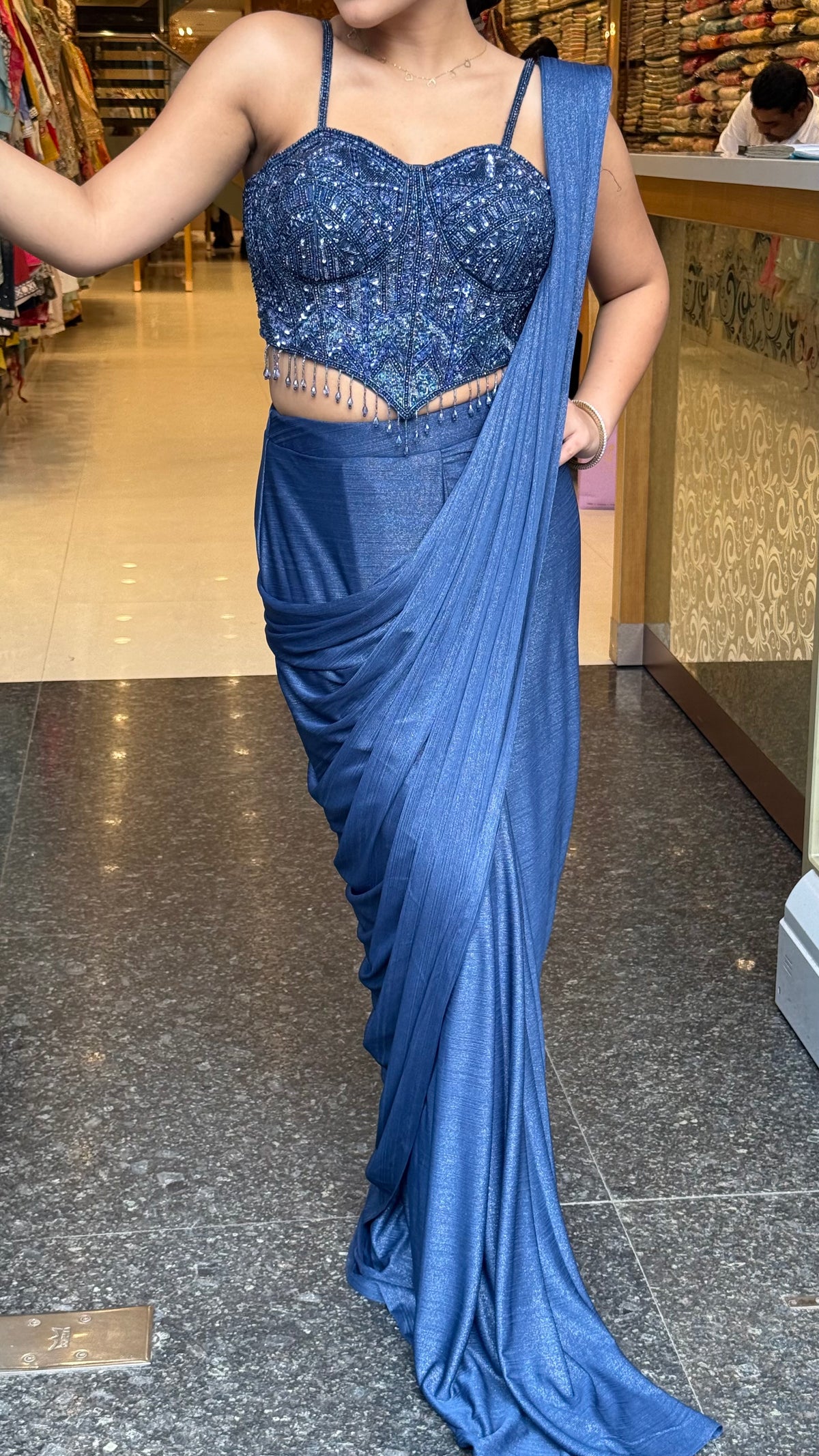 Shimmer Lycra Drape Saree with Handwork Corset Blouse