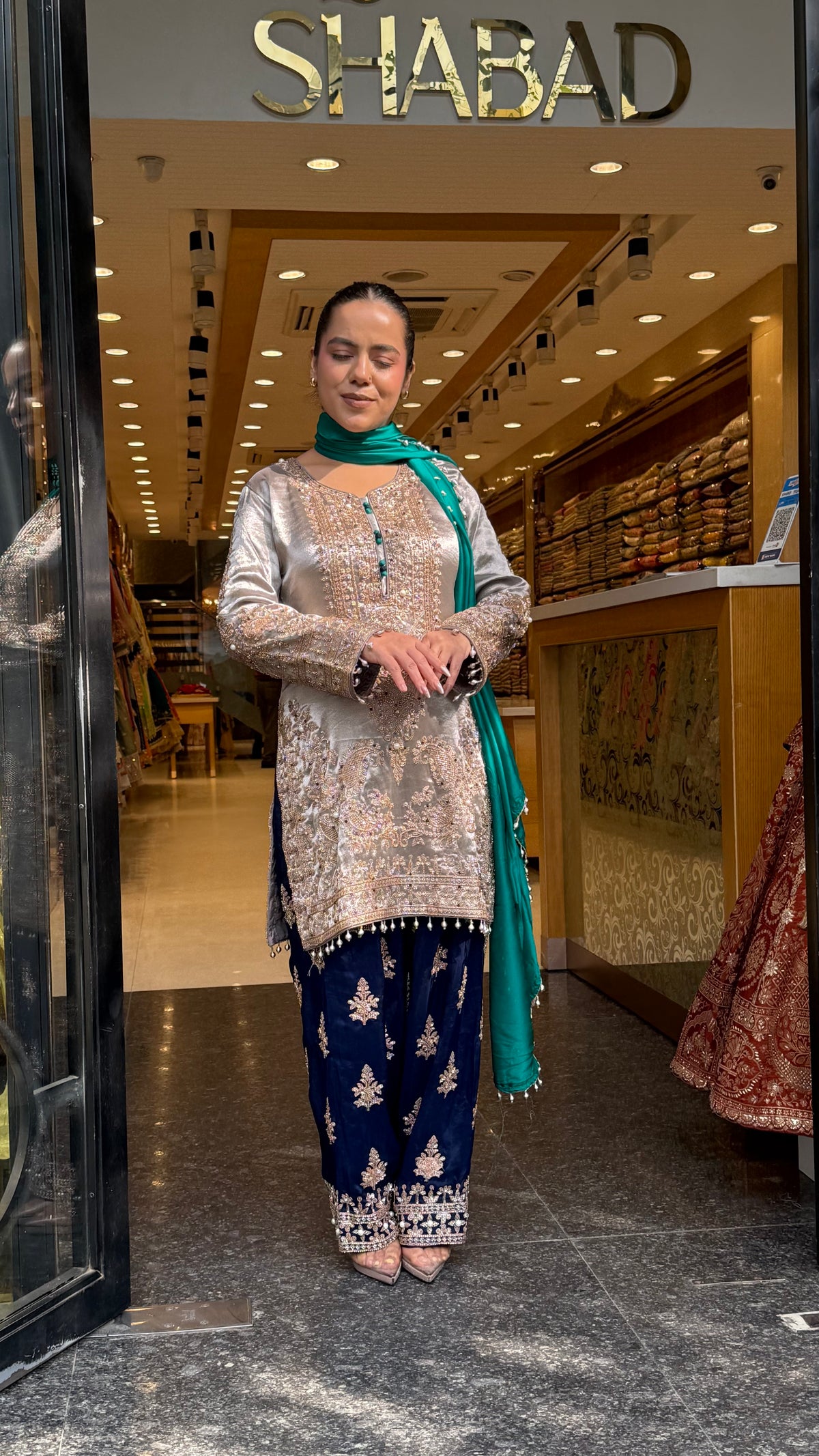 Shimmer Silk Beaded Suit Set with Chinon Salwar Style Pant