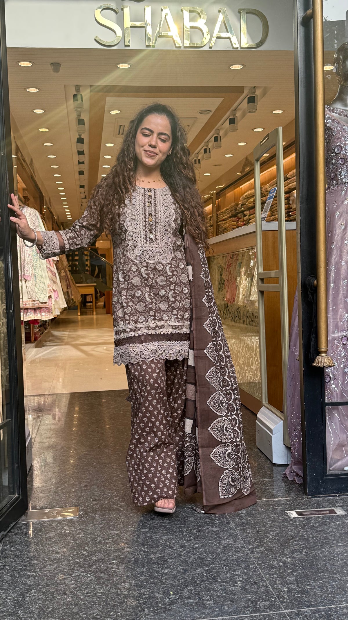 Ajrakh Print Farshi Suit Set with Thread Embroidery Neckline Mirror & Shells Detailing | Up to Size 46 (Copy)