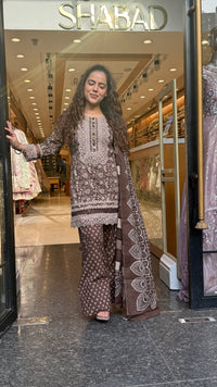Ajrakh Print Farshi Suit Set with Thread Embroidery Neckline Mirror & Shells Detailing | Up to Size 46 (Copy)