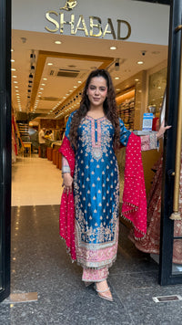 Long Pakistani Suit Set in Satin Silk with Beads Handwork