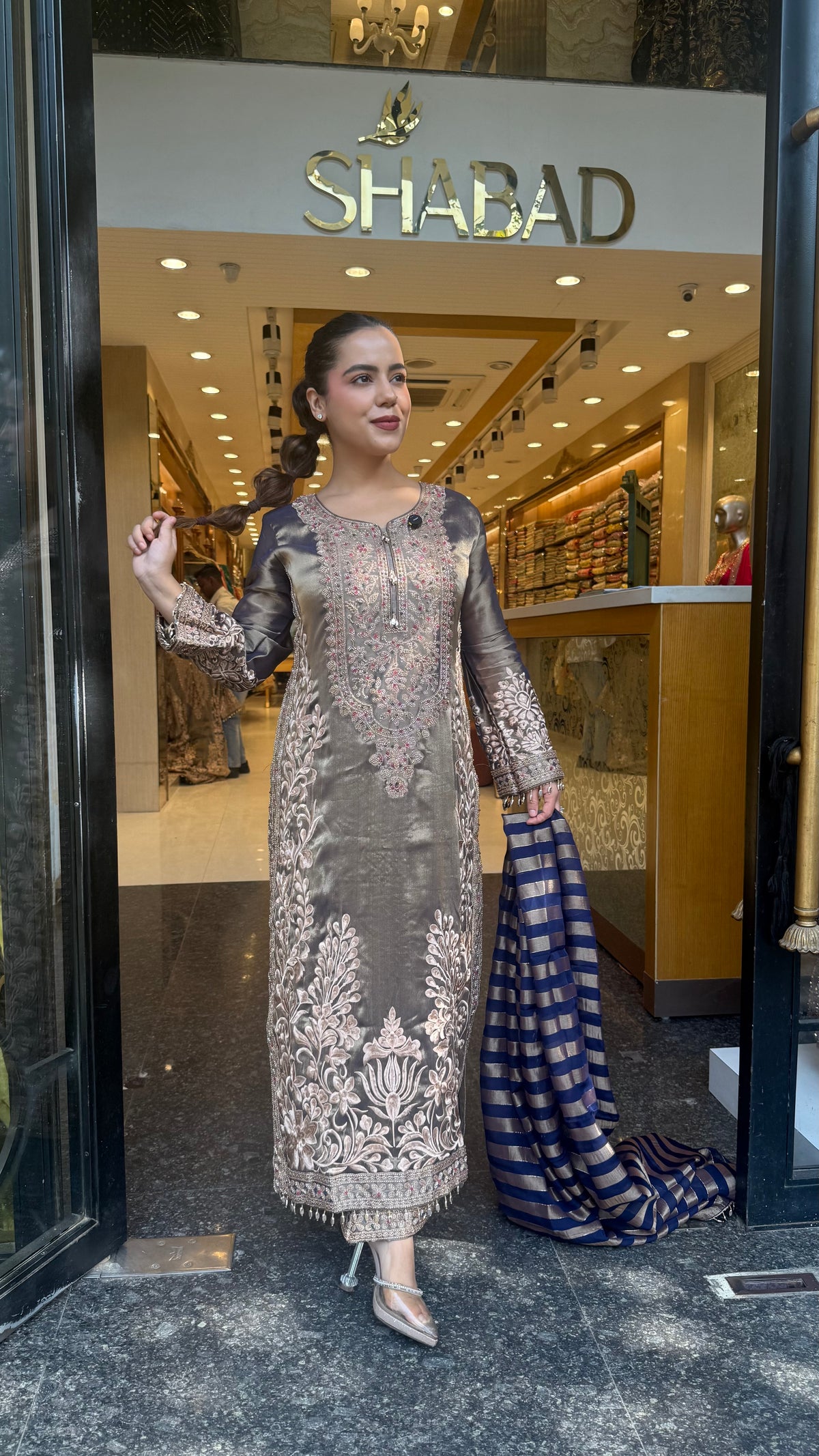 Designer Shimmer Tissue Suit Set with Thread Embroidery Beads & Multicolour Stone Work ( 46 size sides will be plain customisation available if handwork needed )