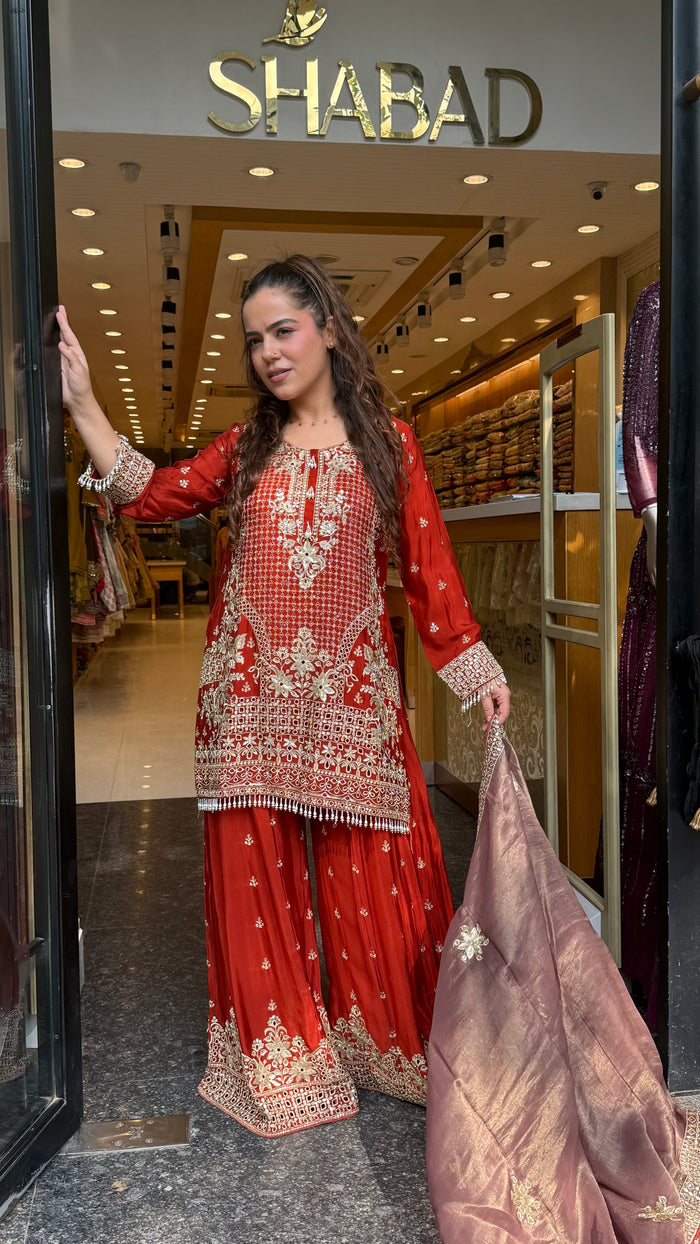 Women’s Chinon Fabric Suit Set | Zari Work & Cutwork | Premium Ethnic Wear | Sizes Up to 46