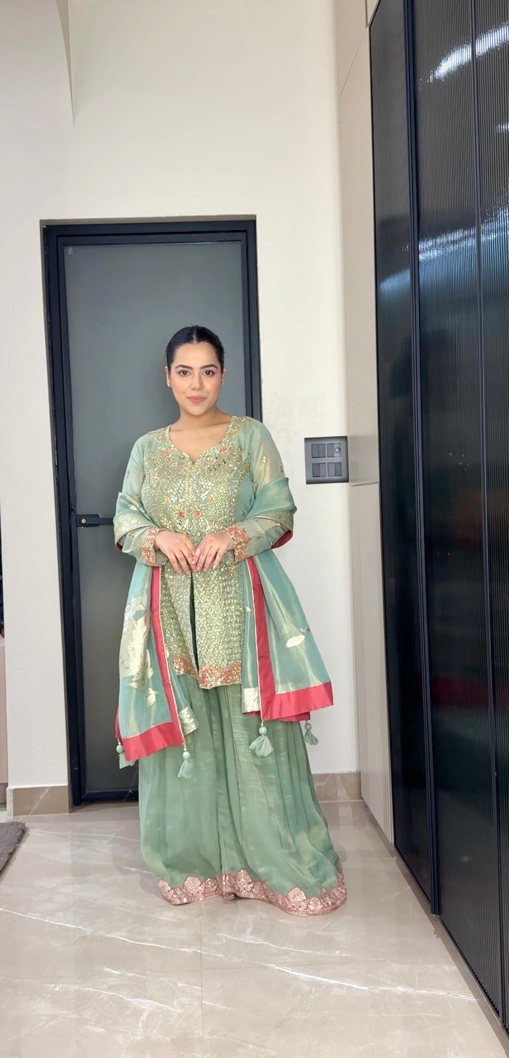 Shimmer Silk Mirror Work Suit Set – Elegant Sequins Finish