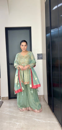 Shimmer Silk Mirror Work Suit Set – Elegant Sequins Finish