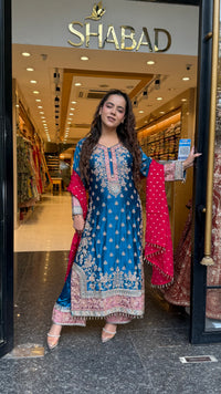 Long Pakistani Suit Set in Satin Silk with Beads Handwork