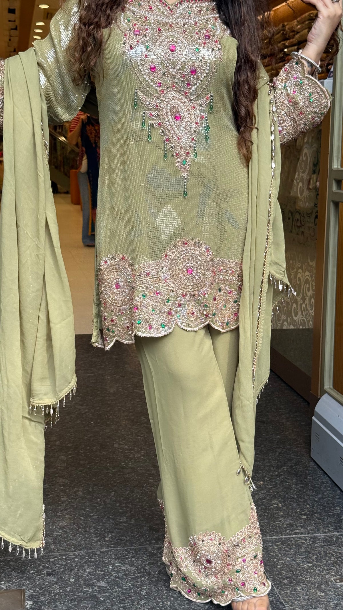 Designer Short Pakistani Suit Set with Sequin, Thread Embroidery & Pearl Detailing | Festive Wear
