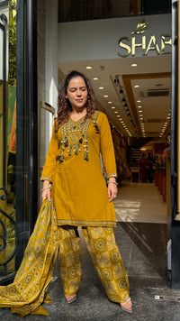 Ajrakh Print Farshi Suit Set with Thread Embroidery Neckline Mirror & Shells Detailing | Up to Size 46